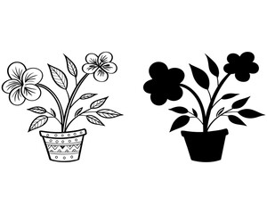 Two potted flowers one outlined one silhouette