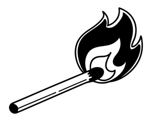 Close up of a burning matchstick with flames silhouette