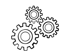 Three interlocking gears in a simple black and white silhouette