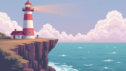 Lighthouse on cliff with ocean waves and clouds