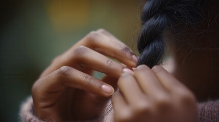 Close-up view of hands braiding hair.