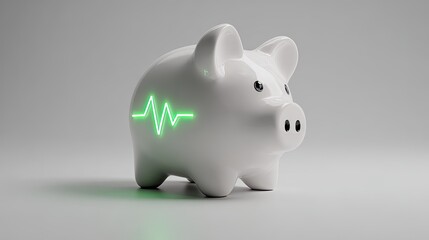White piggy bank with a glowing green heartbeat graphic on its side, studio shot