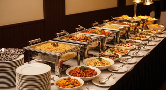 Abundant buffet spread featuring diverse dishes in chafing dishes and bowls