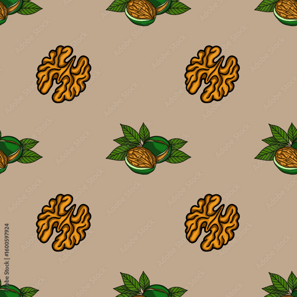 Poster Seamless vector pattern of walnuts and leaves in a stylized design, featuring both whole nuts and shelled halves, creating a unique and visually appealing texture.