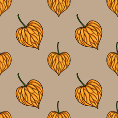 Seamless vector pattern of stylized orange physalis fruits on a beige background, creating a unique autumnal design perfect for textile prints or digital wallpapers.