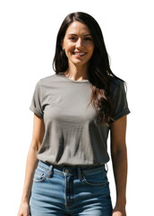 Obraz premium Woman wearing a casual grey t-shirt and jeans, smiling confidently in studio setting, cutout isolated on transparent bg, png