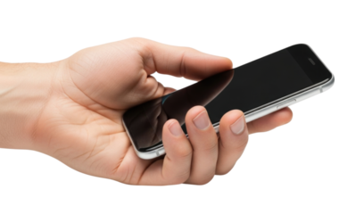 Hand holding a smartphone with a blank screen, cutout isolated on transparent bg, png