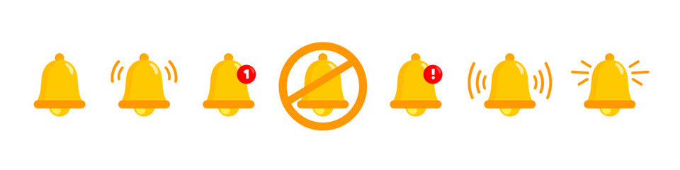 Bell icon. Notification call sign. Alarm alert vector set. Ringing bell sign set. Yellow notification bell ringing icons.