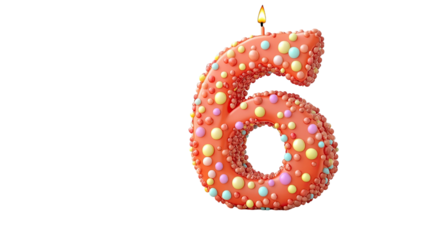 Colorful number six birthday candle with flame isolated on white background