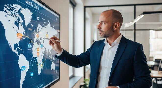 A man in a suit pointing at a large screen with a world map on it.