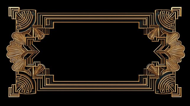 Elegant art deco rectangular frame. Ornate symmetrical gold and silver geometric frame, roaring 20s art