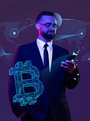 Businessman checking crypto app on the phone with bitcoin hologram in purple neon lightning....