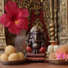 Fototapeta premium Ganesh mini statue with background temple wall, hibiscus flower, durva, Sweet Modak food, and mangal kalash