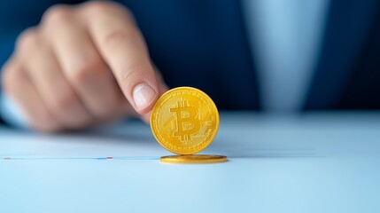 Businessman holding bitcoin symbol of cryptocurrency investment fintech and digital finance revolution