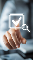 Businessman Touching Magnifying Glass and Check Mark Icons Representing Task Completion, Detailed Analysis, Verification Process and Quality Control in Corporate, Vertical
