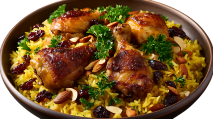 Delicious chicken biryani with garnish isolated on transparent background