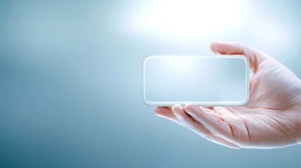 Hand holding generic rectangular white device with  blank screen against  blurred light blue background with  bright light source in the upper right