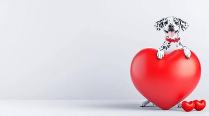 Dalmatian Dog Holding a Big Red Heart - Adorable Dalmatian dog with red collar happily holds a large red heart, perfect for Valentine's Day or love themed designs