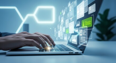 Hands typing on laptop with data interface digital illustration
