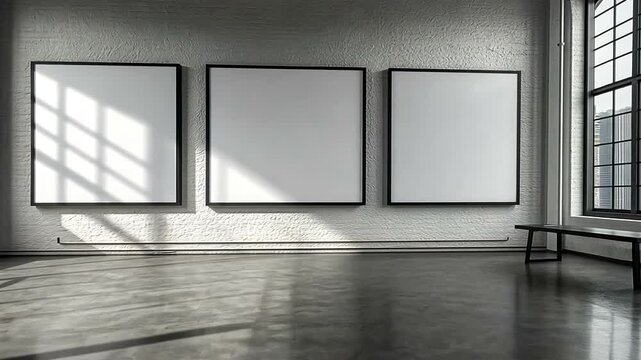 Modern art gallery with blank canvas frames and sunlit concrete floor setting