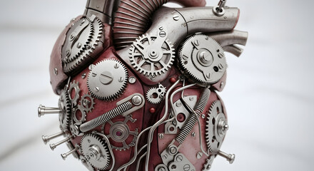 Close-up of a futuristic mechanical heart with digital elements and technological innovation creating an artificial heartbeat as an illustration of bioengineering