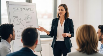 A businesswoman giving a presentation in an office setting.