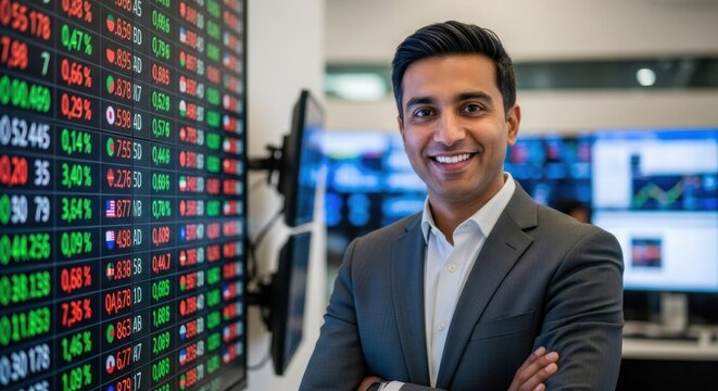 A man in a suit standing in front of a stock market display.