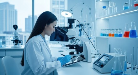 A female scientist in a lab coat, using a microscope in a modern laboratory with city skyline in the background.