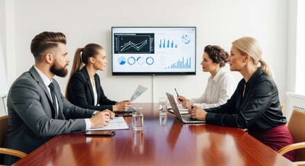 Business meeting in a conference room with a large screen displaying financial data.