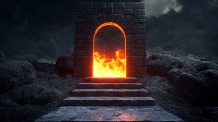 Fiery Archway to the Unknown - A stone archway, ablaze with fire, leads up a staircase into a dark, mysterious landscape
