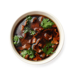 Tasty soup with mushrooms and parsley in bowl isolated on white, top view