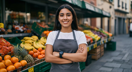 Young latin shopkeeper girl with arms crossed smiling happy at the fruit store.