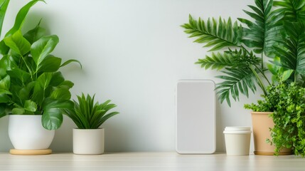 Fototapeta premium White phone and plants on table minimalist blend of technology nature touch