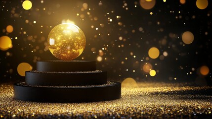 Golden Sphere on Circular Podium - A glowing golden sphere rests atop a tiered black circular podium, set against a shimmering gold backdrop.