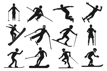 Naklejka premium Collection of silhouette icons representing various skiing and snowboarding actions