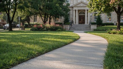 Fototapeta premium Walkway bordered by lawn and stone tiles