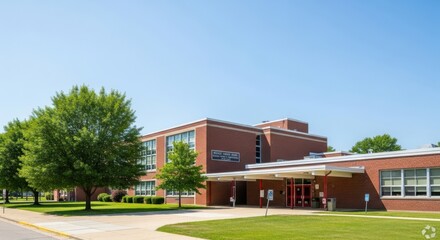 Naklejka premium Brick School Building with Trees and Sunny Sky