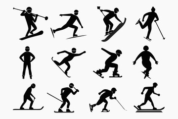 Naklejka premium Collection of winter sports silhouettes featuring skiing snowboarding and ice skating