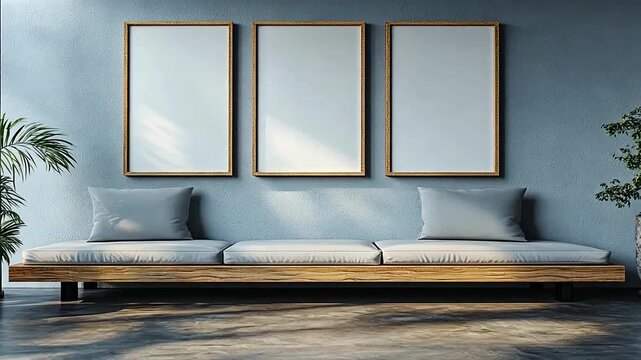 Modern living room interior with minimalist furniture and blank frames mockup on wall
