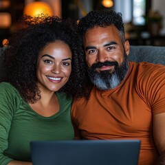 Relaxed Couple Enjoying Time Together with Laptop at Home