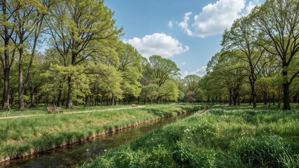 Obraz premium Scenic landscape of lush greenery and trees along a tranquil stream in a park during spring and summer season
