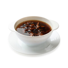 Tasty mushroom soup in bowl isolated on white