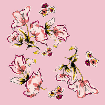 Set of illustration tropical palm leaves flowers
