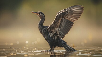 Immature Neotropic Cormorant standing at the wetlandâ€™s border, stretching its wings to absorb the sun.