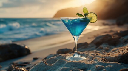 Refreshing blue Lagoon cocktail with lime slice and mint garnish sits on a sandy beach with blurred ocean and golden sunset over cliff in background. Perfect for tropical vacation themes