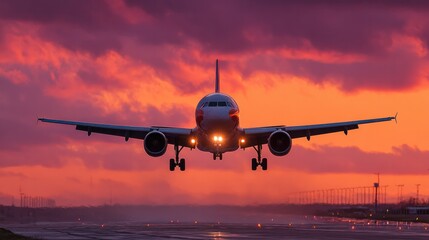 Passenger airplane against sunset sky, journey into vibrant horizons