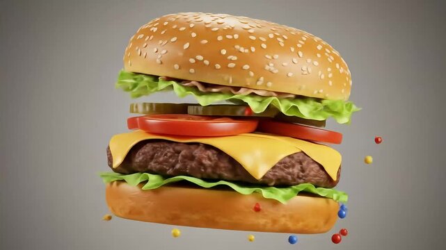 Assembled burger sesame bun patty cheese lettuce tomato pickles Scattered colorful dots float around it