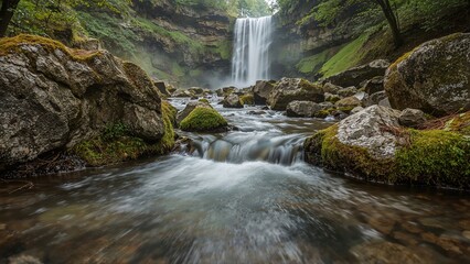 Obraz premium Nature scene featuring prolonged shutter speed of streams and water