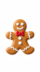 Gingerbread cookie with smiling face, red bow tie, and white icing details, perfect for festive celebrations and holiday treats
