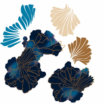 Set of illustration tropical palm leaves flowers